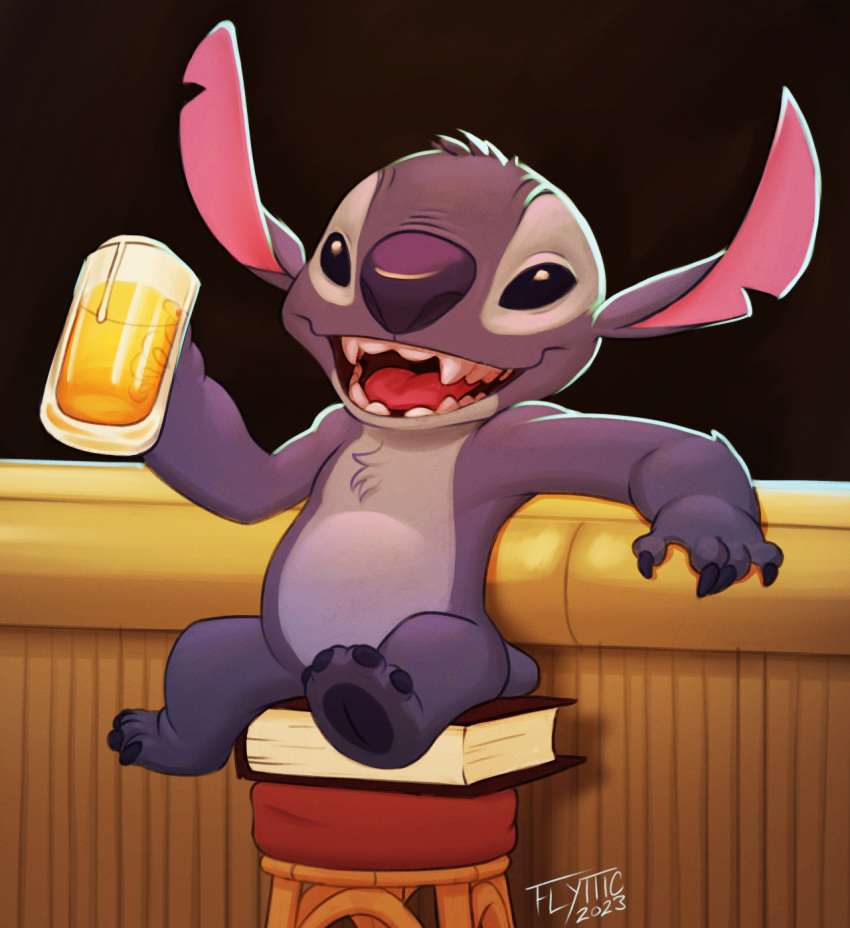 2023 4_toes alcohol alien ambiguous_gender anthro artist_name bar_counter bar_stool beer beer_mug beverage biped blue_body blue_claws blue_fur blue_nose blue_pawpads book chest_tuft claws counter digital_media_(artwork) disney experiment_(lilo_and_stitch) feet finger_claws flyttic fur furniture happy head_tuft hi_res holding_beer holding_beer_mug holding_beverage holding_mug holding_object lilo_and_stitch looking_at_viewer male_(lore) mug notched_ear open_mouth open_smile pawpads sitting small_tail smile solo stitch_(lilo_and_stitch) stool tail toes tuft