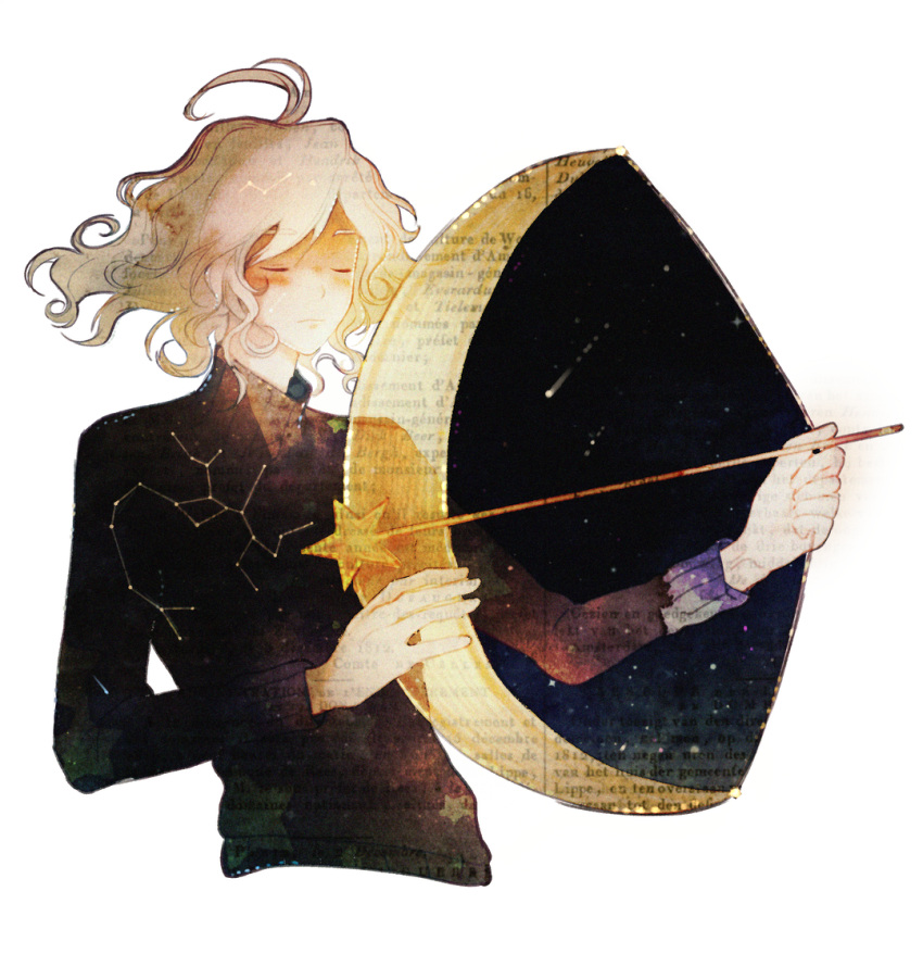 1boy ahoge arrow_(projectile) black_sweater bow_(weapon) chin closed_eyes closed_mouth commentary constellation constellation_print crescent drawing_bow english_commentary frown holding holding_bow_(weapon) holding_wand holding_weapon hoshi-pan light_blush male_focus night night_sky original sagittarius_(constellation) shooting_star short_hair sky solo star_(sky) star_(symbol) star_wand sweater transparent_background turtleneck turtleneck_sweater upper_body wand wavy_hair weapon white_hair