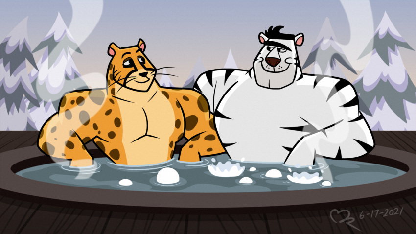 2021 alistair_white_tiger anthro bathtub black_eyebrows black_hair black_stripes cartoon_network cheetah duo eyebrows felid feline gepredators hair hi_res male male/male mammal mr._cheetah muscular muscular_anthro muscular_male my_gym_partner's_a_monkey pantherine plant stripes tiger tree unibrow water white_body