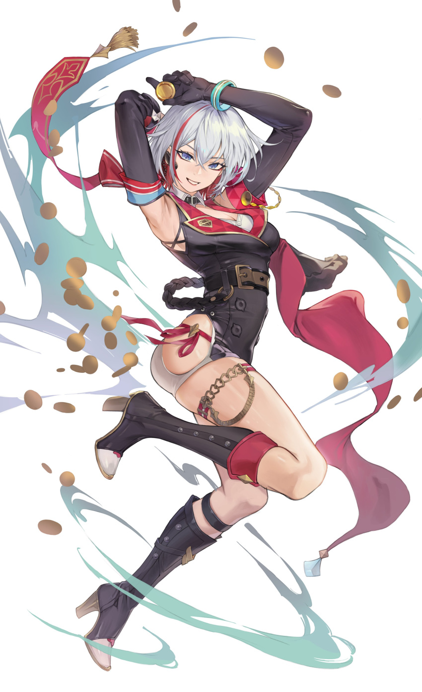 1girl absurdres armpits arms_up blue_eyes boots bracelet breasts cleavage coin collared_shirt crossed_bangs dynamic_pose full_body gloves highres holding holding_coin honkai_(series) jewelry kirr_rr knee_boots looking_at_viewer multicolored_hair red_eyeliner red_scarf scarf shirt short_hair smile strap streaked_hair thigh_strap thighs topaz_(honkai:_star_rail) white_background white_hair