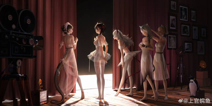 5girls absurdres amiya_(arknights) animal_ears arknights ass ballerina ballet ballet_slippers bird black_hair blonde_hair blue_eyes breasts camera carnelian_(arknights) choker chunhwei_lee curly_hair curtains dress earrings emperor_penguin eunectes_(arknights) from_behind full_body grey_hair highres horns ines_(arknights) jewelry light long_hair looking_back multiple_girls necklace orange_eyes panties pearl_necklace penguin photo_(object) pointy_ears red_curtains schwarz_(arknights) see-through see-through_dress short_hair skadi_(arknights) skadi_the_corrupting_heart_(arknights) snake_tail standing tail the_emperor_(arknights) underwear utage_(arknights) w_(arknights) weibo_logo weibo_username white_panties