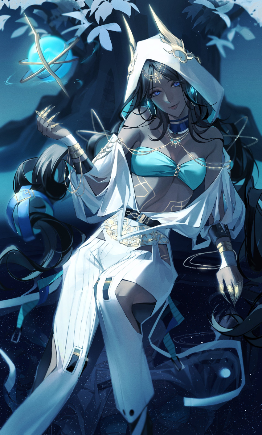 1girl absurdres bare_shoulders belt black_belt black_hair blue_eyes bracelet breasts claw_(weapon) closed_mouth dark-skinned_female dark_skin earrings feet_out_of_frame hair_ornament highres hood jewelry leaf long_hair looking_at_viewer medium_breasts object_floating_above_hand open_clothes outdoors pants parted_bangs path_to_nowhere reflection sidelocks smile solo stargazer_(path_to_nowhere) toho10min tree weapon white_hood white_pants