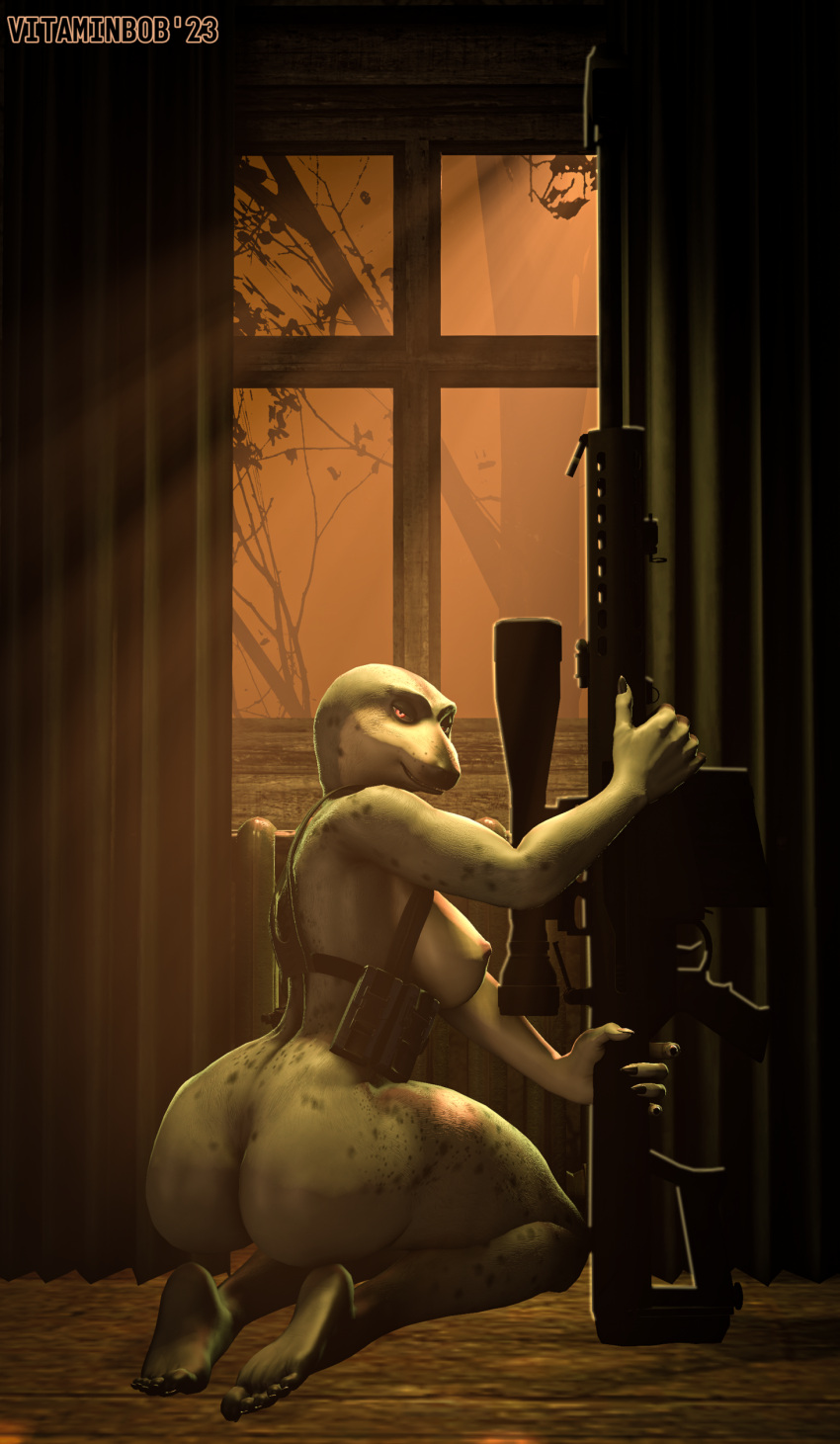 3d_(artwork) absurd_res anthro breasts butt digital_media_(artwork) feet female gun hi_res holding_gun holding_object holding_weapon kneeling looking_at_viewer mammal marine nipples nude nyx_(petruz) petruz_(copyright) pinniped ranged_weapon rifle seal side_boob smile solo source_filmmaker vitaminbob weapon