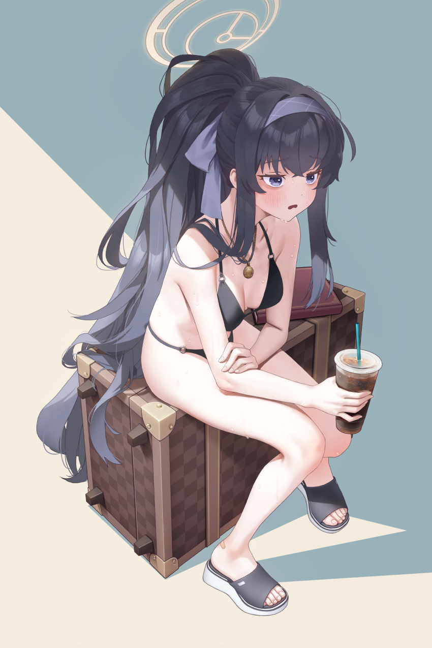 1girl bags_under_eyes bandaid bandaid_on_foot bare_arms bare_legs bare_shoulders barefoot bikini black_bikini black_hair blue_archive blush book breasts commentary_request cup disposable_cup drink drinking_straw hairband halo highres holding holding_cup holding_drink jewelry long_hair necklace o-ring o-ring_bikini o-ring_bottom o-ring_top official_alternate_costume open_mouth ponytail purple_eyes purple_hairband sandals shtauffen simple_background sitting small_breasts solo suitcase sweat swimsuit ui_(blue_archive) ui_(swimsuit)_(blue_archive) very_long_hair yellow_halo
