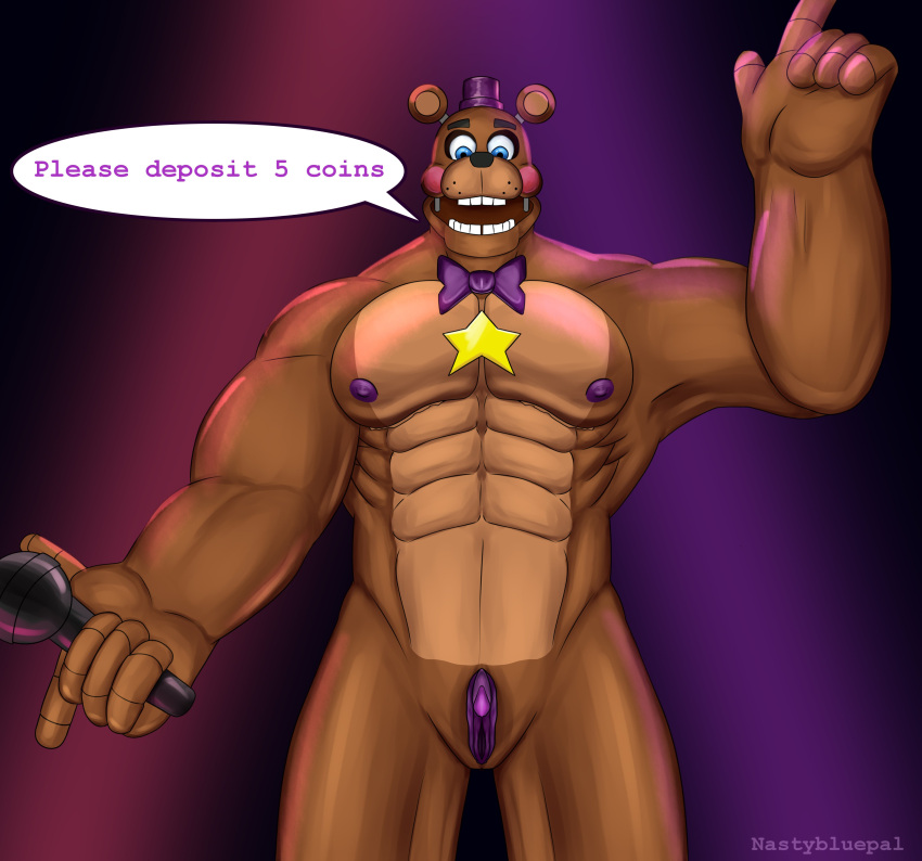 2022 abs absurd_res andromorph animatronic anthro areola barazoku bear biceps black_nose blue_eyes blush blush_stickers bow_tie brown_body brown_fur clitoris clothing dialogue digital_media_(artwork) english_text eyebrows five_nights_at_freddy's freddy_fazbear's_pizzeria_simulator fur genitals hat headgear headwear hi_res holding_microphone holding_object humanoid_genitalia humanoid_pussy intersex machine mammal microphone mostly_nude muscular muscular_andromorph muscular_anthro muscular_intersex nastybluepal nipples open_mouth open_smile pecs purple_pussy pussy robot rockstar_freddy_(fnaf) scottgames smile solo speech_bubble star talking_to_viewer tan_body tan_fur teeth text top_hat whisker_spots