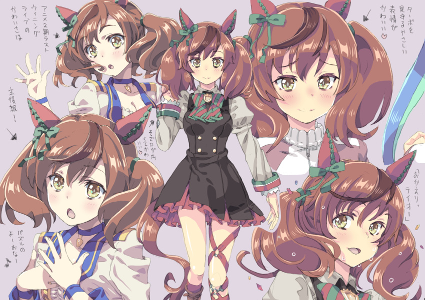 1girl alternate_costume animal_ears breasts brown_background brown_eyes cleavage collar collarbone hair_ornament homing_(areya) horse_ears horse_girl horse_tail looking_at_viewer medium_breasts medium_hair nice_nature_(umamusume) open_mouth portrait red_hair ribbon simple_background smile solo starting_future_(umamusume) sweat tail thighs translation_request umamusume