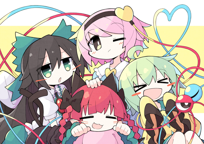 &gt;_&lt; 4girls :d ;/ absurdres ahoge animal_ears asameshi black_bow black_dress black_hairband blouse blue_shirt blush_stickers bow braid brown_hair buttons cape cat_ears cat_tail closed_eyes commentary diamond_button dress extra_ears frilled_shirt_collar frilled_sleeves frills green_bow green_eyes green_skirt hair_bow hair_ornament hairband hands_up heart heart_button heart_hair_ornament heart_of_string highres jitome kaenbyou_rin komeiji_koishi komeiji_satori long_hair long_sleeves multiple_girls multiple_tails no_headwear one_eye_closed open_mouth patting pink_hair pointy_ears puffy_short_sleeves puffy_sleeves red_hair reiuji_utsuho shirt short_hair short_sleeves skirt sleeve_cuffs sleeves_past_fingers sleeves_past_wrists smile tail third_eye touhou twin_braids two_tails white_cape white_shirt wide_sleeves yellow_shirt