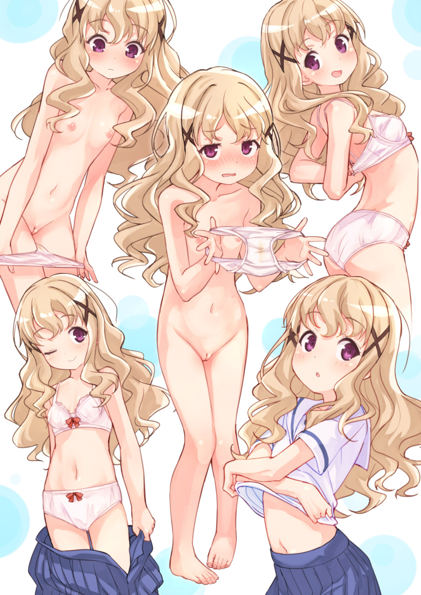 1girl :d :o ;) absurdres blonde_hair blue_skirt blush bow bow_bra bow_panties bra breasts cleft_of_venus closed_mouth clothes_lift clothes_pull commentary_request commission hair_ornament high_school_fleet highres holding holding_clothes holding_panties holding_underwear lifted_by_self long_hair multiple_views navel nipples nose_blush nude nyama one_eye_closed panties panties_removed panty_pull parted_lips pee_stain pixiv_commission pleated_skirt presenting_panties pulled_by_self purple_eyes pussy sailor_collar shirt shirt_lift short_sleeves skirt skirt_pull small_breasts smile stained_panties uda_megumi uncensored underwear undressing very_long_hair wavy_hair white_bra white_panties white_sailor_collar white_shirt x_hair_ornament