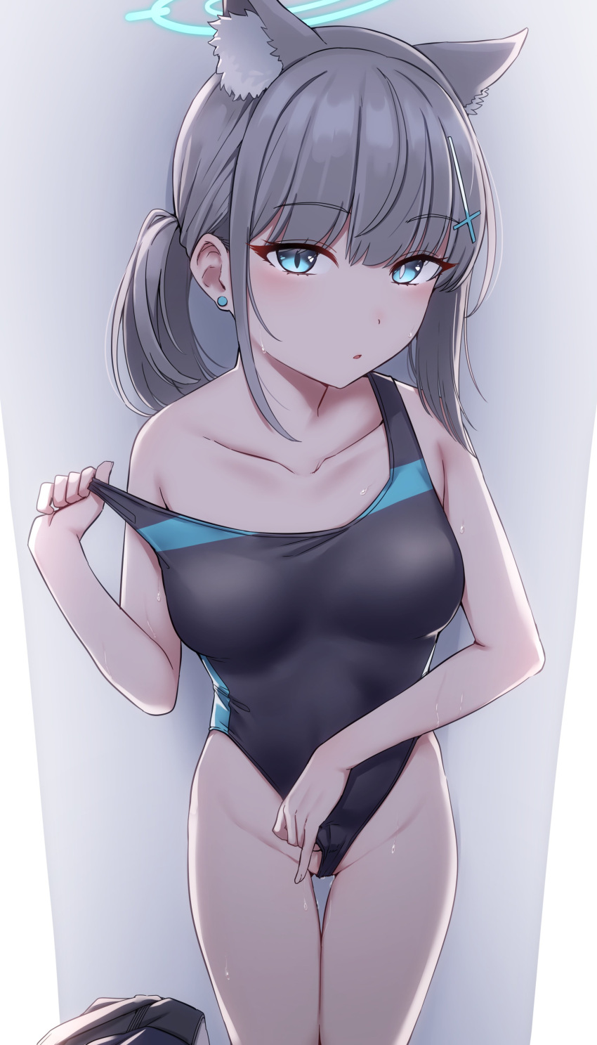 1girl absurdres adjusting_clothes adjusting_swimsuit animal_ear_fluff animal_ears bag black_one-piece_swimsuit blue_archive blue_eyes breasts clothes_pull collarbone competition_swimsuit covered_navel cross_hair_ornament extra_ears feet_out_of_frame grey_hair hair_ornament halo highres kiritto low_ponytail medium_breasts medium_hair mismatched_pupils multicolored_clothes multicolored_swimsuit official_alternate_costume one-piece_swimsuit one-piece_swimsuit_pull shiroko_(blue_archive) shiroko_(swimsuit)_(blue_archive) solo swimsuit wolf_ears