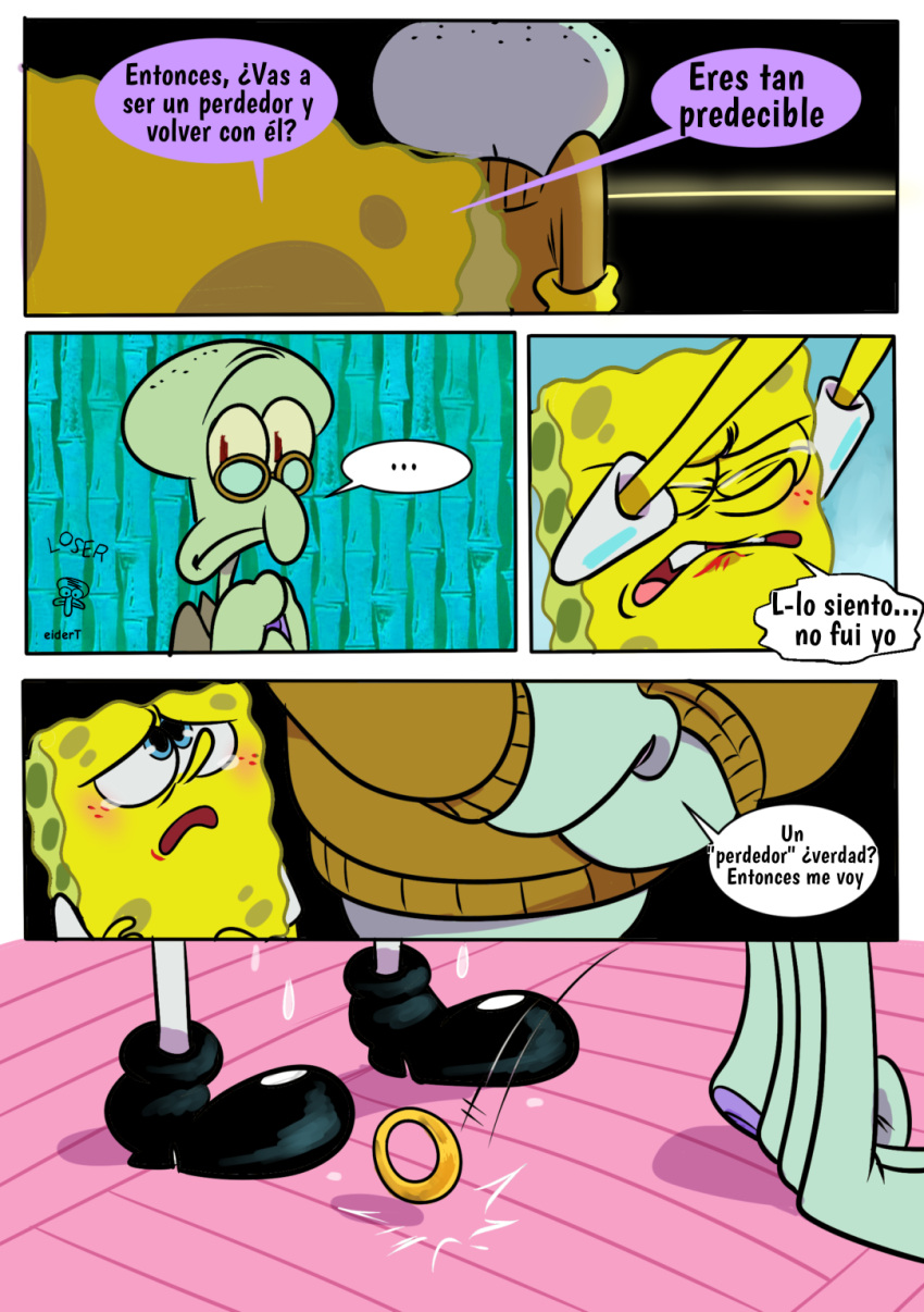 anthro bodily_fluids cephalopod clothed clothing coleoid comic dialogue group hi_res male marine mollusk nickelodeon octopodiform octopus on_model pancaketiffy ring_(jewelry) sea_sponge spanish_text speech_bubble spongebob_squarepants spongebob_squarepants_(character) squidward_tentacles tears text toony translation_check translation_request trio