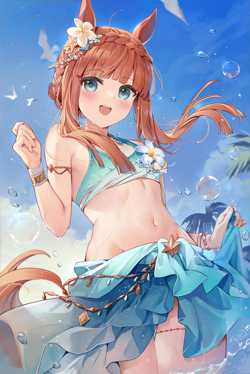 1girl animal_ears armlet bare_shoulders bikini bikini_skirt blue_bikini blue_eyes blue_sarong blue_sky blunt_bangs blunt_ends bracelet braid breasts commentary_request cowboy_shot crown_braid day flower frilled_bikini frills groin hair_flower hair_ornament highres horse_ears jewelry kita_(kitairoha) looking_at_viewer medium_hair navel official_alternate_costume official_alternate_hairstyle open_mouth orange_hair outdoors palm_leaf palm_tree ribs sarong sarong_hold signature silence_suzuka_(emerald_on_the_waves)_(umamusume) silence_suzuka_(umamusume) sky small_breasts smile solo stomach summer's_sunlight_fades_to_blue_(umamusume) swimsuit tareme tree umamusume wading water