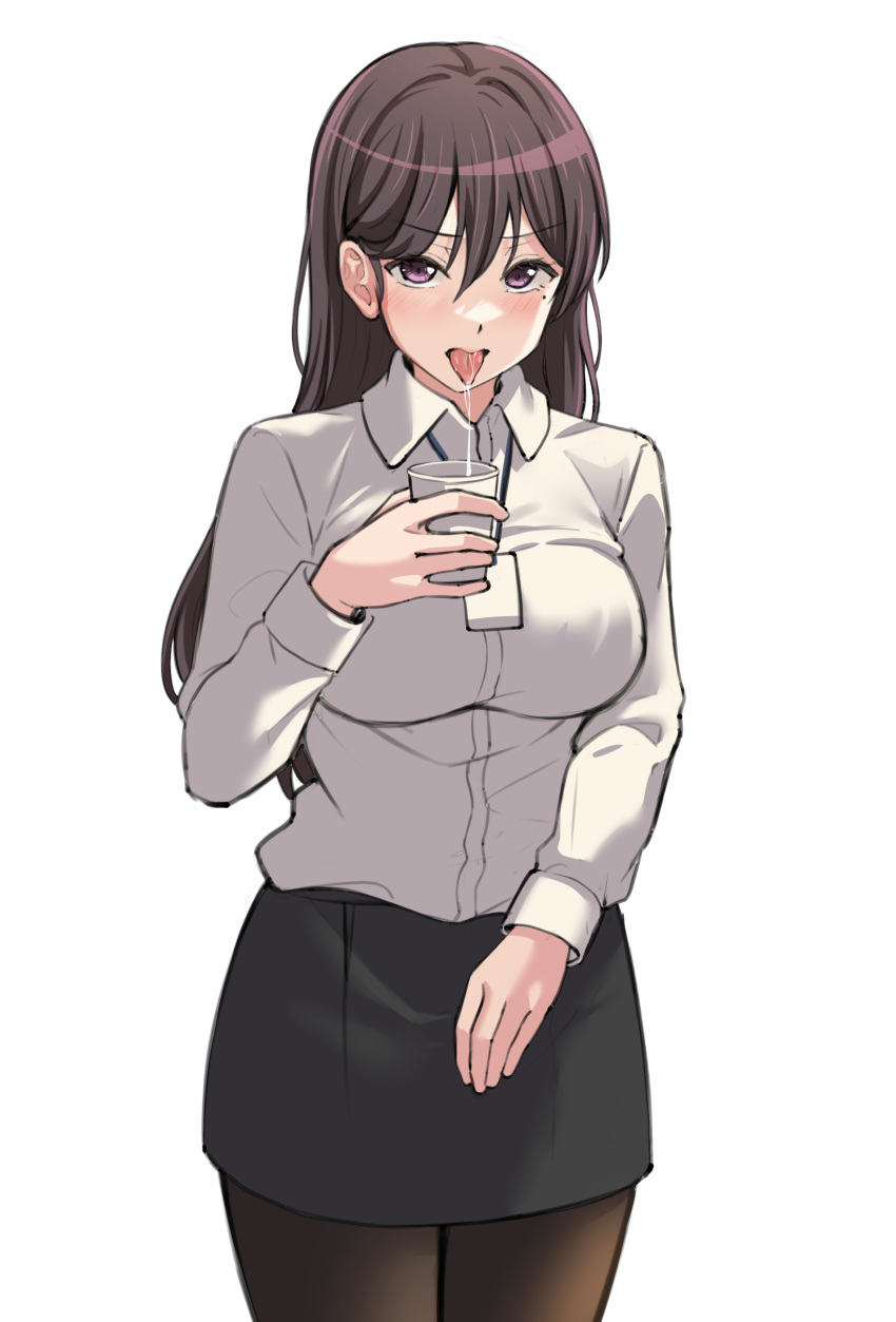 1girl absurdres bang_dream! black_hair black_skirt blush breasts brown_pantyhose collared_shirt commentary cowboy_shot cup disposable_cup hair_behind_ear hair_between_eyes hand_up highres holding holding_cup id_card lanyard large_breasts long_hair long_sleeves looking_at_viewer miniskirt mole mole_under_eye office_lady pantyhose parted_lips pencil_skirt ptal saliva saliva_trail shina_taki shirt shirt_tucked_in simple_background skirt solo standing symbol-only_commentary tongue tongue_out white_background white_shirt
