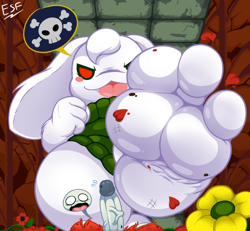 3_toes anthro cave_story clothing duo electricsnowfox erection feet female flower foot_focus fur genitals hi_res lagomorph low-angle_view male male/female mammal mimiga penis plant red_eyes soles toes tongue tongue_out topwear toroko white_body white_fur