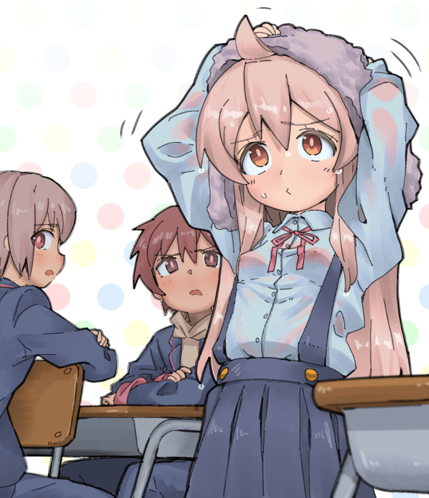 1girl 2boys ahoge arms_up blue_jacket blue_pants blue_shirt blue_skirt blush breasts brown_eyes brown_hair chair collared_shirt commentary_request desk drying drying_hair genderswap genderswap_(mtf) hair_between_eyes highres holding holding_towel jacket long_hair long_sleeves looking_at_another looking_to_the_side looking_up multiple_boys neck_ribbon nipples no_bra onii-chan_wa_oshimai! open_mouth orange_eyes oyama_mahiro pants pink_hair pleated_skirt red_ribbon ribbon sakurada_yuuta school_desk school_uniform see-through senkawa_minato shiriananmin shirt short_hair sitting skirt small_breasts standing suspender_skirt suspenders towel wet wet_clothes wet_shirt