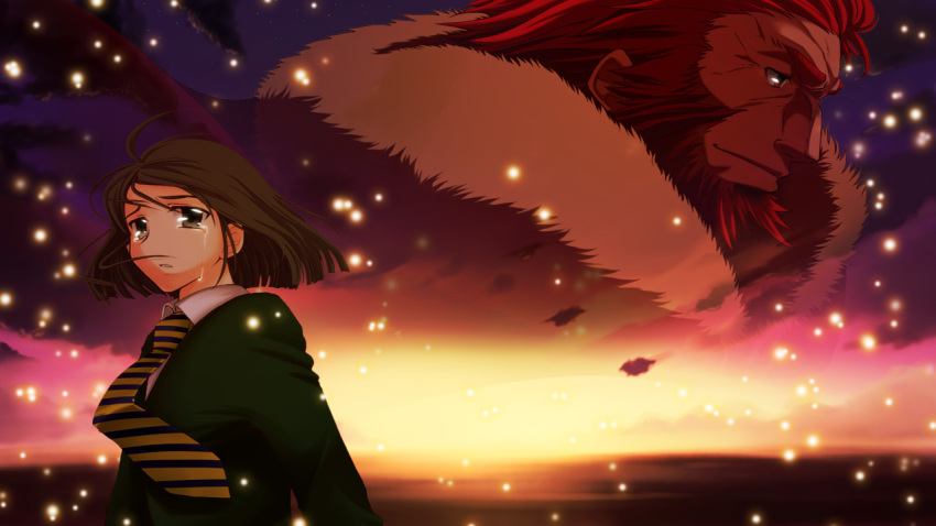 2boys beard cropped_torso crying crying_with_eyes_open disappear facial_hair fate/zero fate_(series) fur_trim ganson iskandar_(fate) light_particles looking_to_the_side male_focus multiple_boys necktie night night_sky official_style red_hair sad sky smile sunrise tears thick_eyebrows turning_head upper_body waver_velvet wind
