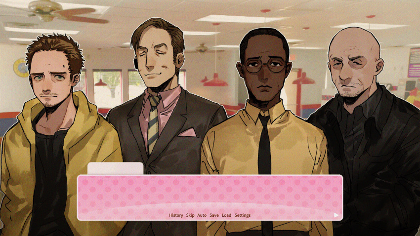 4boys absurdres beard black_hair blonde_hair breaking_bad brown_hair dark-skinned_male dark_skin doki_doki_literature_club facial_hair glasses gustavo_fring highres jesse_pinkman ma2_ereki male_focus mike_ehrmantraut multiple_boys necktie parody photo_background pink_shirt saul_goodman shirt style_parody yellow_shirt