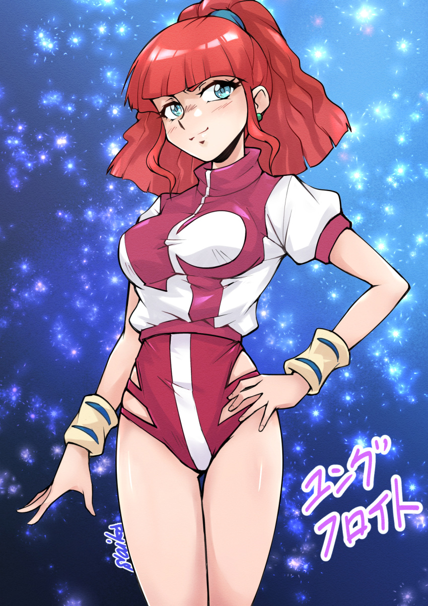 1980s_(style) 1girl blunt_bangs breasts commentary earrings green_eyes hand_on_own_hip headband highres hip_vent jewelry jung_freud leotard looking_at_viewer medium_breasts ponytail red_hair red_leotard retro_artstyle saika_(pixiv43370196) smile smirk solo top_wo_nerae! translation_request wristband