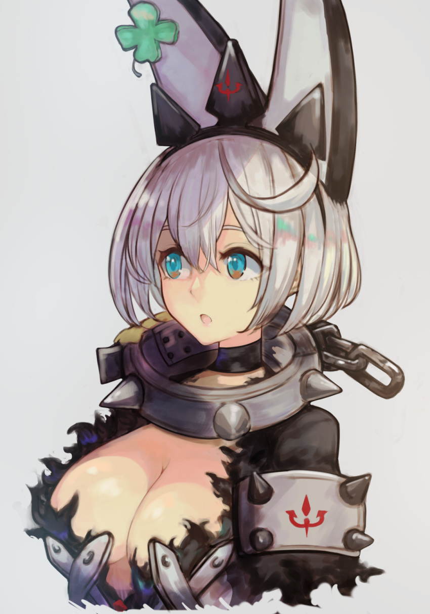 1girl :d belt blue_eyes breasts cleavage clover collar elphelt_valentine eyebrows_hidden_by_hair four-leaf_clover guilty_gear guilty_gear_xrd hairband heart highres large_breasts levvellevvel light_blush looking_to_the_side one_eye_closed short_hair simple_background smile solo spiked_collar spiked_hairband spikes upper_body white_hair