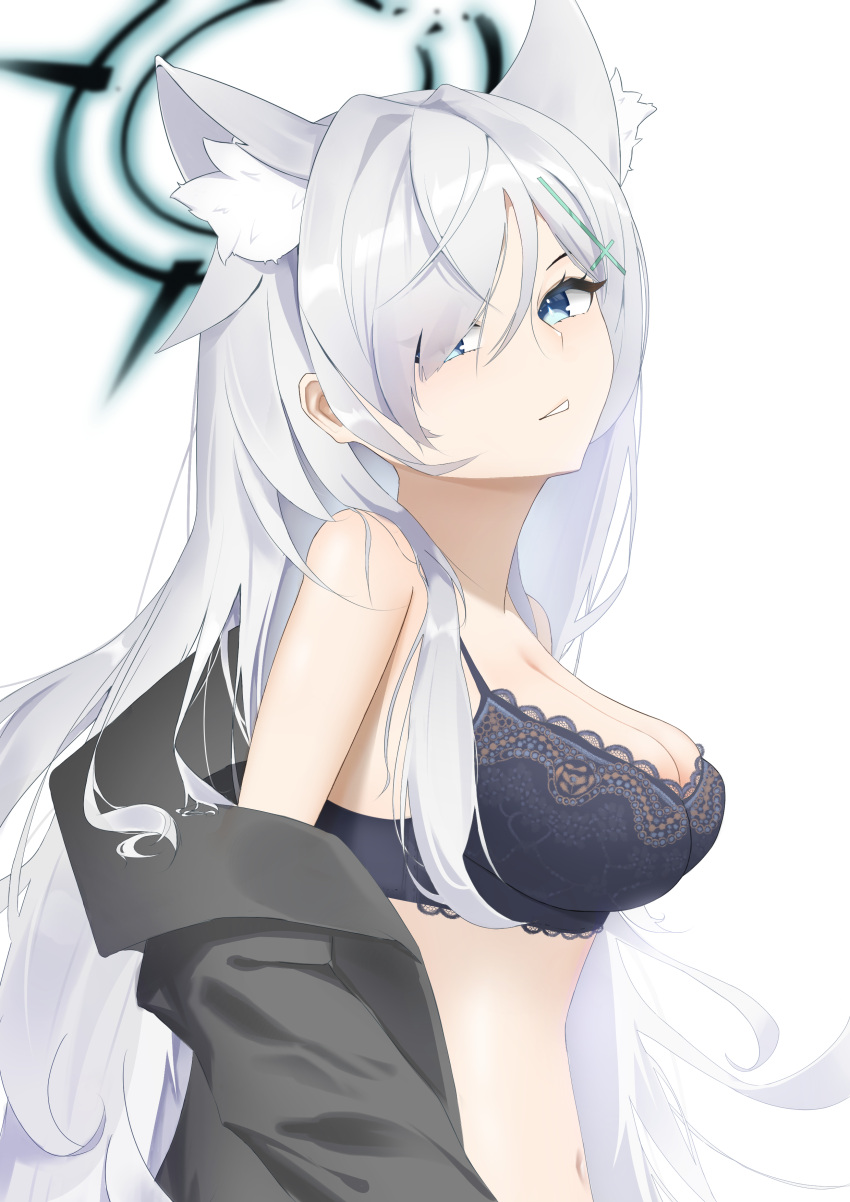 1girl absurdres animal_ear_fluff animal_ears black_bra blue_archive blue_eyes bra breasts cleavage cross_hair_ornament dark_halo extra_ears eyes_visible_through_hair grey_hair hair_ornament halo highres large_breasts long_hair navel open_mouth shiroko_(blue_archive) shiroko_terror_(blue_archive) simple_background solo talo_(63078778) underwear upper_body white_background wolf_ears