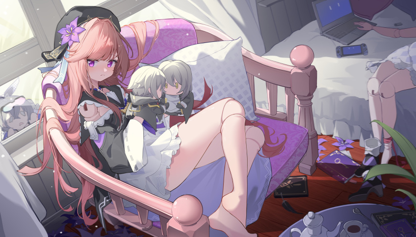 3girls absurdres bare_legs bed beret black_shirt book boots boots_removed caelus_(honkai:_star_rail) chair choker closed_mouth clothing_cutout commentary_request computer cup curtains doll_joints dress feet_out_of_frame flower frown grey_hair hand_puppet hat hat_flower herta_(honkai:_star_rail) highres honkai:_star_rail honkai_(series) indoors joints key laptop long_hair long_sleeves looking_at_viewer multiple_girls ningmeng_jing_jing_jing_jing nintendo_switch pillow pink_eyes pink_hair puppet purple_choker purple_flower shirt shoulder_cutout silver_wolf_(honkai:_star_rail) split_mouth stelle_(honkai:_star_rail) table teacup teapot trailblazer_(honkai:_star_rail) very_long_hair white_dress window