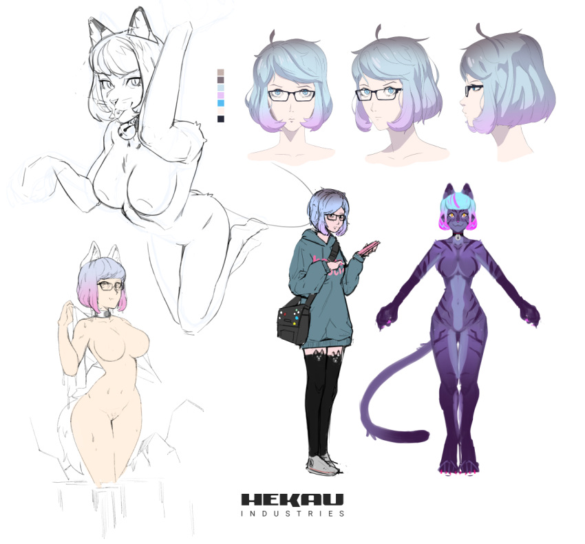 alternate_form animal_humanoid anthro barely_visible_genitalia barely_visible_pussy bell bell_collar black_clothing black_legwear black_thigh_highs blue_eyes blue_hair breasts cat_humanoid cheshire clothing collar collar_only digitigrade domestic_cat english_text eyewear featureless_breasts felid felid_humanoid feline feline_humanoid felis female footwear fur genitals glasses grey_clothing grey_footwear grey_shoes hair highlights_(coloring) hoodie human humanoid kiki_(tharakaos) legwear looking_at_viewer mammal mammal_humanoid model_sheet nude purple_body purple_fur purple_highlights pussy shoes shoulder_bag simple_background solo striped_body striped_fur stripes text tharakaos thigh_highs tongue tongue_out topwear wearing_glasses whiskers white_background yellow_eyes