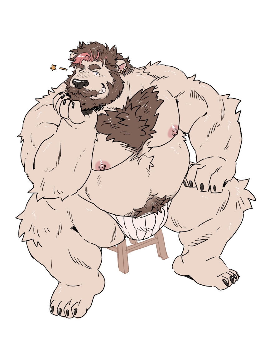 2023 anthro bear beard bearwivme belly big_belly black_nose bulge clothing facial_hair hi_res kemono male mammal moobs musclegut mustache nipples one_eye_closed overweight overweight_male polar_bear simple_background sitting solo underwear ursine white_background wink