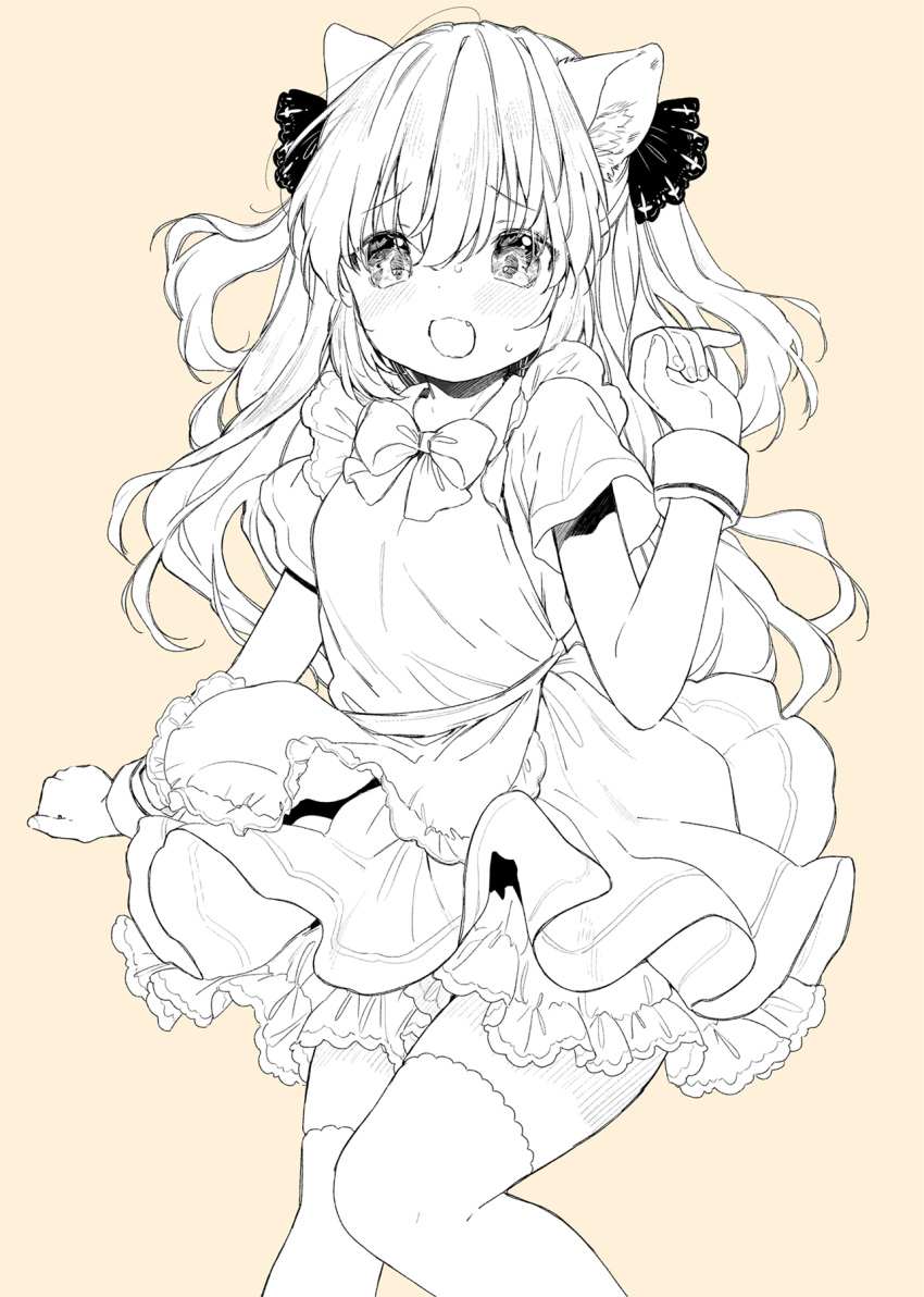 1girl animal_ear_fluff animal_ears apron blush bow bowtie cat_ears cowboy_shot dress embarrassed frilled_dress frills hair_bow highres long_hair maid monochrome mutou_mato open_mouth original short_sleeves simple_background solo sweat thighhighs two_side_up wrist_cuffs zettai_ryouiki