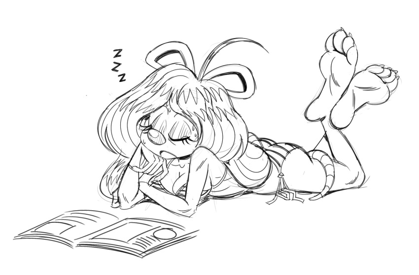 anthro bikini black_and_white breasts cleavage clothed clothing deepcreases feet female hair long_hair lying magazine mammal monochrome mouse murid murine on_front rodent sketch sleeping solo swimwear