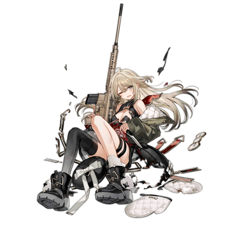 1girl apron beret black_dress black_footwear black_hair black_headwear black_thighhighs blonde_hair blush boots bow bowtie breasts chocoan cleavage colored_tips dress fallen_down fang full_body girls'_frontline gradient_hair green_jacket grey_eyes gun hat hat_ribbon highres holding holding_gun holding_knife holding_weapon jacket knife long_hair long_sleeves looking_at_viewer m110_(girls'_frontline) m110_sass multicolored_hair off_shoulder official_art one_eye_closed open_clothes open_jacket open_mouth oven_mitts platform_boots platform_footwear pom_pom_(clothes) red_apron reverse_grip ribbon rifle scope shoe_soles simple_background single_sock single_thighhigh sitting skin_fang sleeveless sleeveless_dress snap-fit_buckle sniper_rifle socks solo sweatdrop tears thigh_strap thighhighs third-party_source torn_apron torn_clothes torn_dress transparent_background unworn_headwear unworn_mittens weapon white_ribbon white_socks