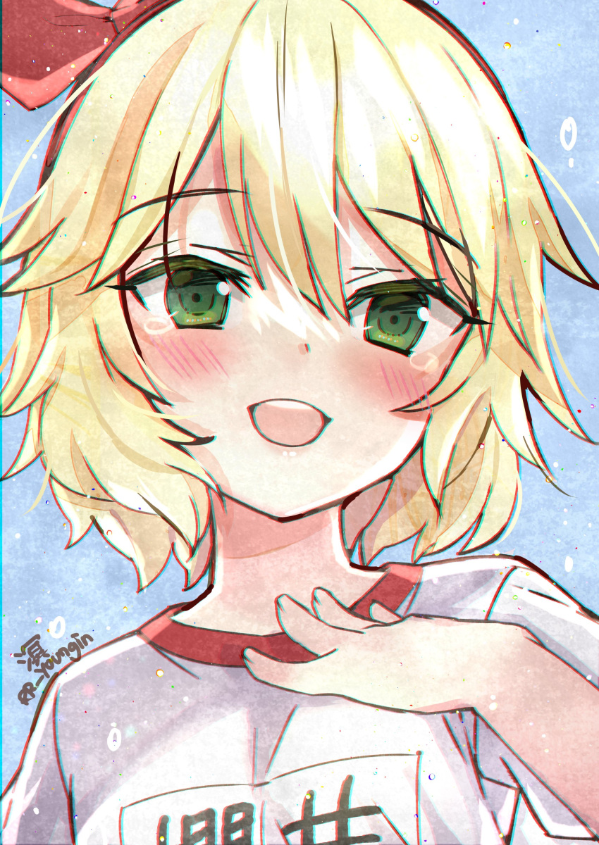 1girl absurdres blonde_hair blue_background blush green_eyes gym_shirt hairband highres idolmaster idolmaster_cinderella_girls idolmaster_cinderella_girls_u149 jin_young-in looking_at_viewer name_tag open_mouth red_hairband sakurai_momoka shirt short_hair sketch smile solo tearing_up upper_body