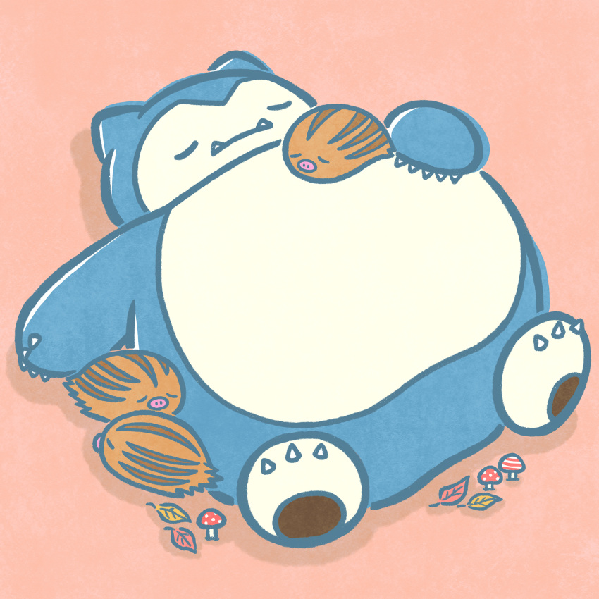 closed_eyes closed_mouth commentary_request highres leaf lying lying_on_another momo_irone mushroom no_humans official_art on_back pokemon pokemon_(creature) red_background simple_background sleeping snorlax swinub