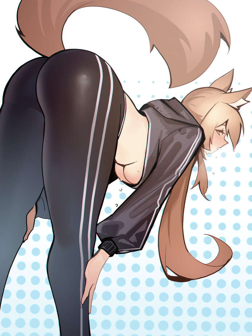 1girl absurdres alternate_costume animal_ear_fluff animal_ears arknights ass bent_over blonde_hair blush breasts commission distr dotted_background from_behind from_side hands_on_own_legs highres horse_ears horse_girl horse_tail large_breasts long_hair looking_at_viewer looking_back nearl_(arknights) non-web_source open_mouth orange_eyes pants solo standing sweat sweatpants tail underboob white_background wide_sleeves