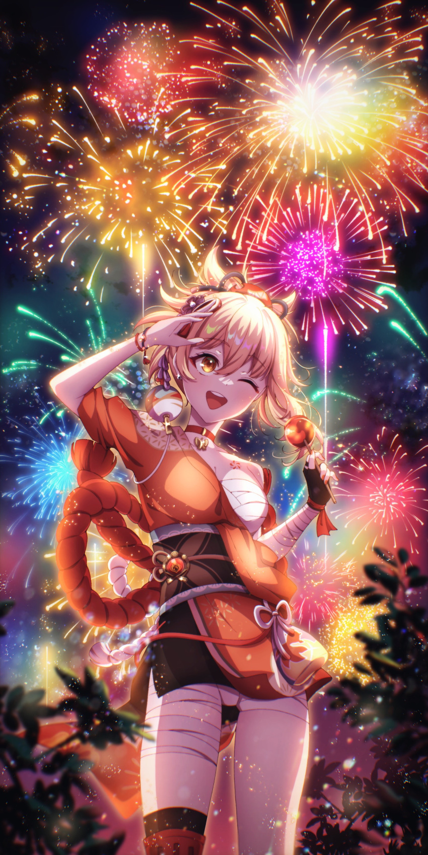 1girl ;d absurdres blonde_hair bracelet breasts candy_apple chest_sarashi chinese_wolfberry choker feet_out_of_frame fireworks food fundoshi genshin_impact hadanugi_dousa hair_between_eyes hair_ribbon highres holding holding_food japanese_clothes jewelry kimono looking_up medium_breasts obi one_eye_closed orange_eyes orange_kimono outdoors red_choker ribbon rope sarashi sash shimenawa short_hair sky smile solo teeth upper_teeth_only upskirt vision_(genshin_impact) yoimiya_(genshin_impact)