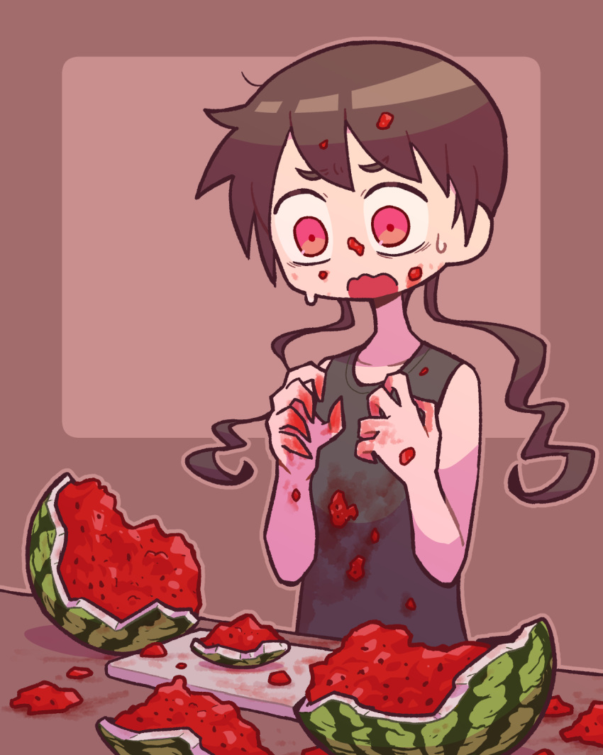 1girl black_tank_top brown_background brown_hair brown_outline commentary_request cutting_board flat_chest food food_on_face food_on_hair food_on_hand fruit hands_up highres long_hair open_mouth original red_eyes solo stained_clothes surprised takurada tank_top twintails watermelon wide-eyed