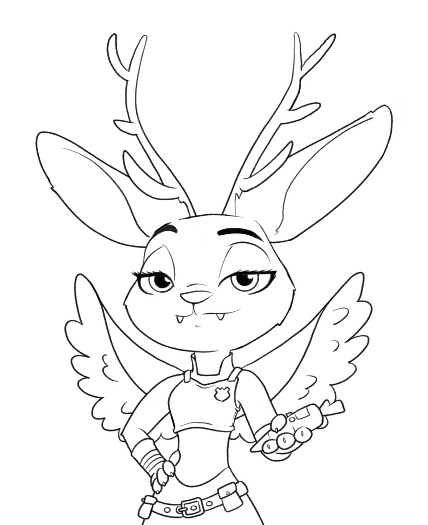 2023 alternate_species antlers black_and_white clothing disney eyebrows fangs feathered_wings feathers female hand_on_hip hi_res hopethishelps horn judy_hopps lagomorph mammal monochrome police_uniform raised_eyebrow teeth uniform wings wolpertinger zootopia