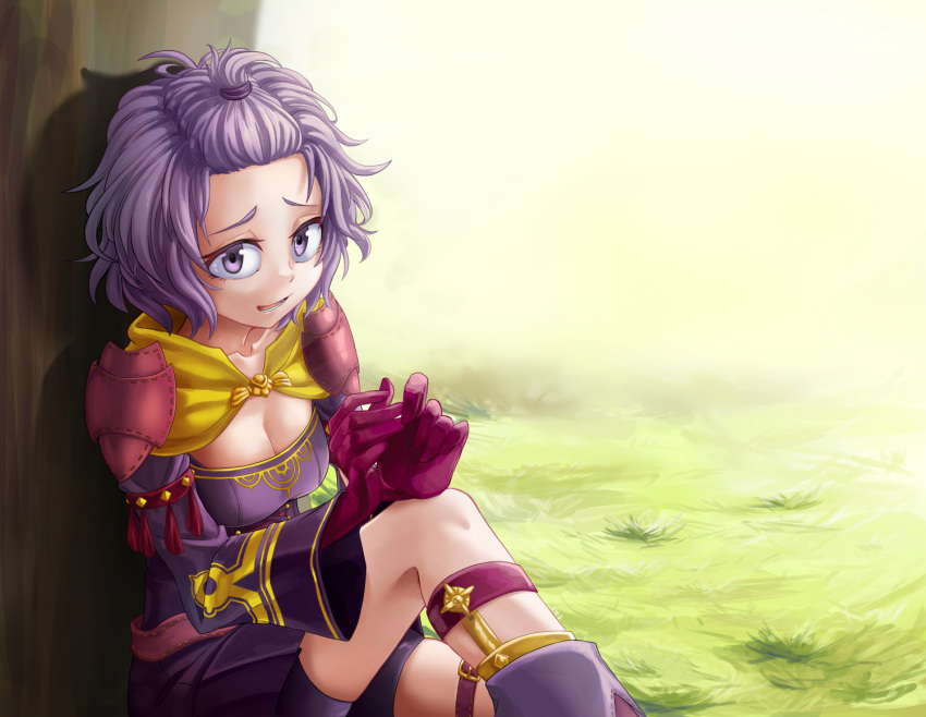 1girl bernadetta_von_varley breasts cleavage commentary dress english_commentary fire_emblem fire_emblem:_three_houses fire_emblem_warriors:_three_hopes gloves hair_tie laz_gm long_sleeves looking_at_viewer medium_breasts medium_hair messy_hair open_mouth purple_dress purple_eyes purple_gloves purple_hair solo topknot