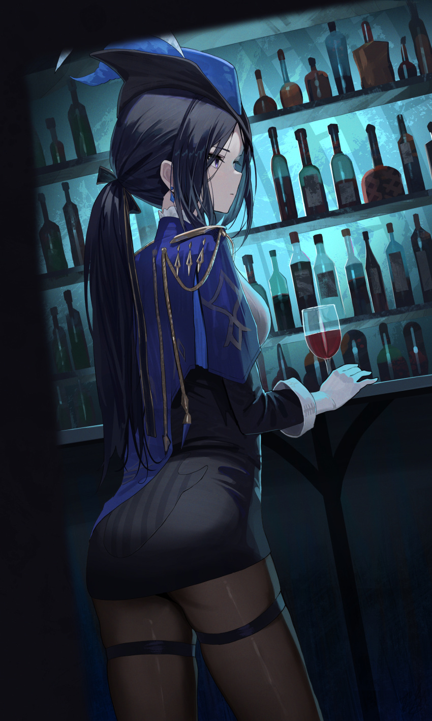 1girl absurdres alcohol bar_(place) black_hair black_pantyhose black_ribbon black_skirt blue_cape blue_headwear bottle cape clorinde_(genshin_impact) commentary cup dress drinking_glass earrings epaulettes from_behind genshin_impact gloves hair_ribbon hat hidulume highres jewelry long_hair low_ponytail pantyhose pencil_dress purple_eyes ribbon shirt shoulder_cape skirt solo thigh_strap tricorne white_gloves white_shirt wine wine_bottle wine_glass