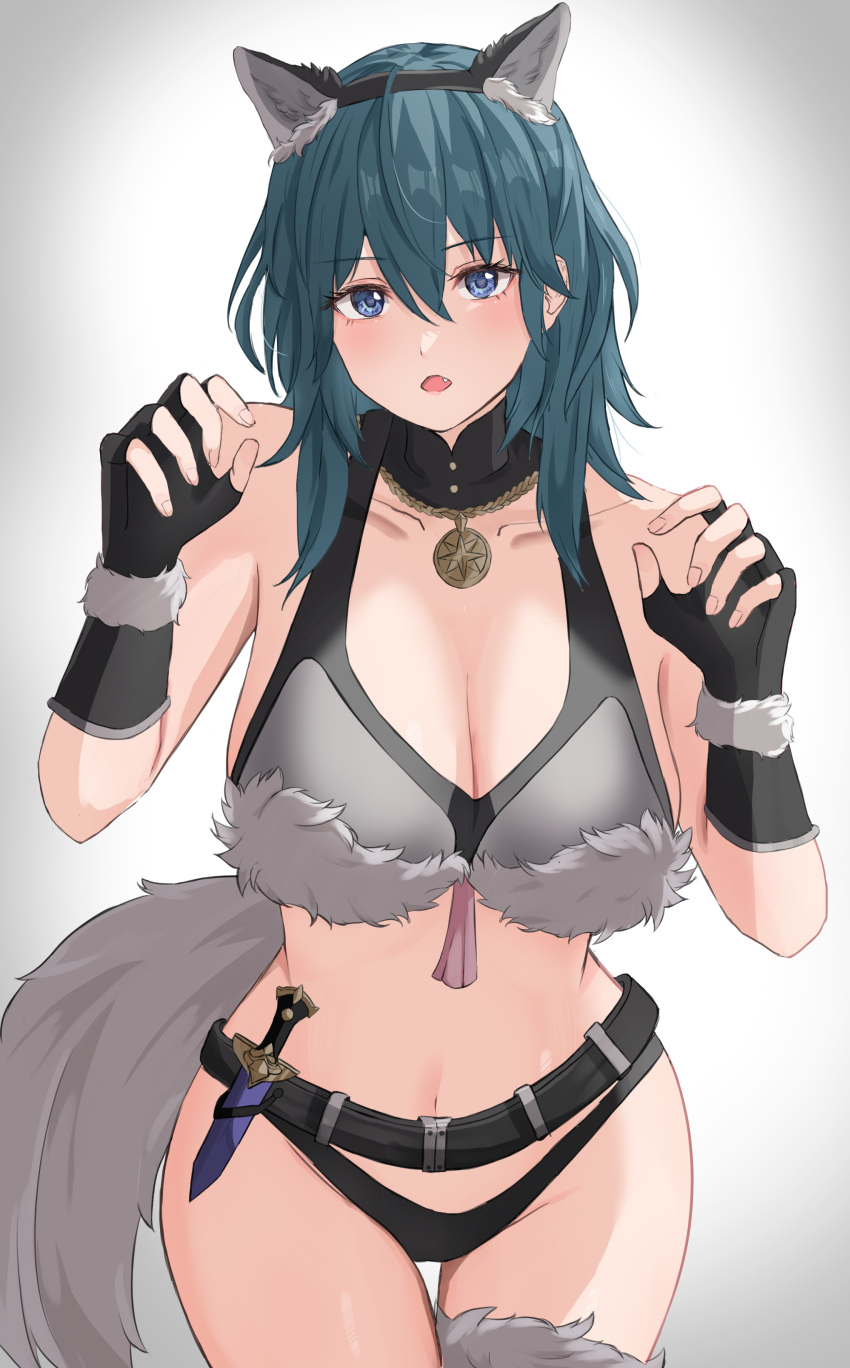 1girl absurdres alternate_costume animal_ears arms_up black_gloves blue_eyes blue_hair bra breasts byleth_(female)_(fire_emblem) byleth_(fire_emblem) fake_animal_ears fingerless_gloves fire_emblem fire_emblem:_three_houses fur-trimmed_bra fur_trim gloves highres jewelry looking_at_viewer medium_breasts navel parted_lips peli_cantaro pendant solo tail underwear wolf_ears wolf_tail