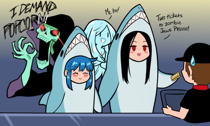 1other 2boys 2girls animal_costume ascot black_hair blue_hair brown_hair dizzy_(guilty_gear) english_commentary english_text guilty_gear guilty_gear_strive kitsune23star long_hair multiple_boys multiple_girls necro_(guilty_gear) red_eyes shark_costume smile testament_(guilty_gear) undine_(guilty_gear) white_ascot