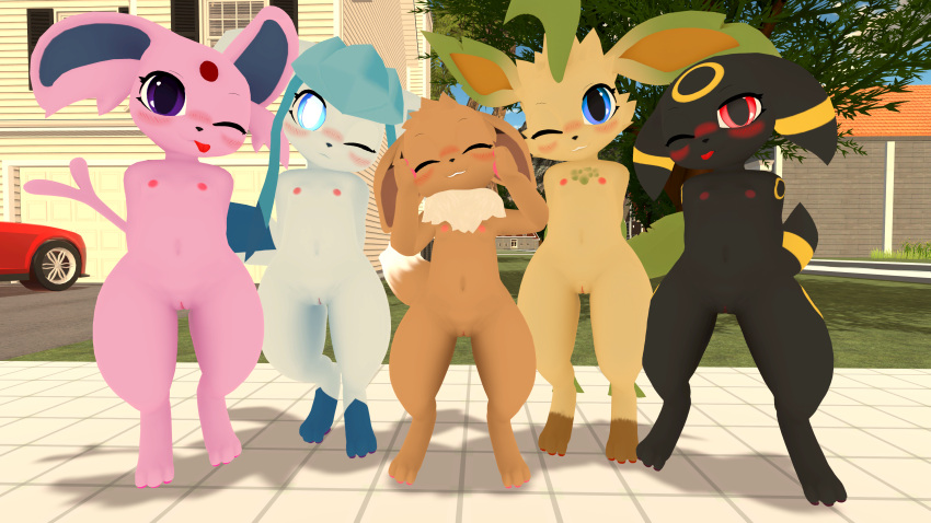 3d_(artwork) absurd_res black_body black_fur blue_body blue_eyes blue_fur blush brown_body brown_fur building car digital_media_(artwork) eevee eeveelution espeon female fur generation_1_pokemon generation_2_pokemon generation_4_pokemon genitals glaceon group hi_res house leaf_ears leafeon leafeonspirit nintendo nipples outside pokemon pokemon_(species) purple_body purple_eyes purple_fur pussy red_eyes semi-anthro tan_body tan_fur umbreon vehicle