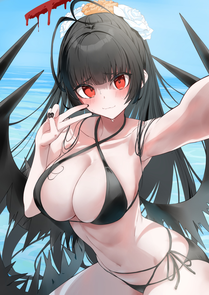 1girl antenna_hair armpits bikini black_bikini black_hair black_wings blue_archive blush breasts cleavage collarbone cosplay criss-cross_halter ev_(dai00888) fingernails halo halterneck highres large_breasts long_hair looking_at_viewer melting_halo nail_polish official_alternate_costume outdoors red_eyes red_halo selfie side-tie_bikini_bottom smile solo string_bikini sweatdrop swimsuit tsurugi_(blue_archive) tsurugi_(swimsuit)_(blue_archive) v very_long_hair wings