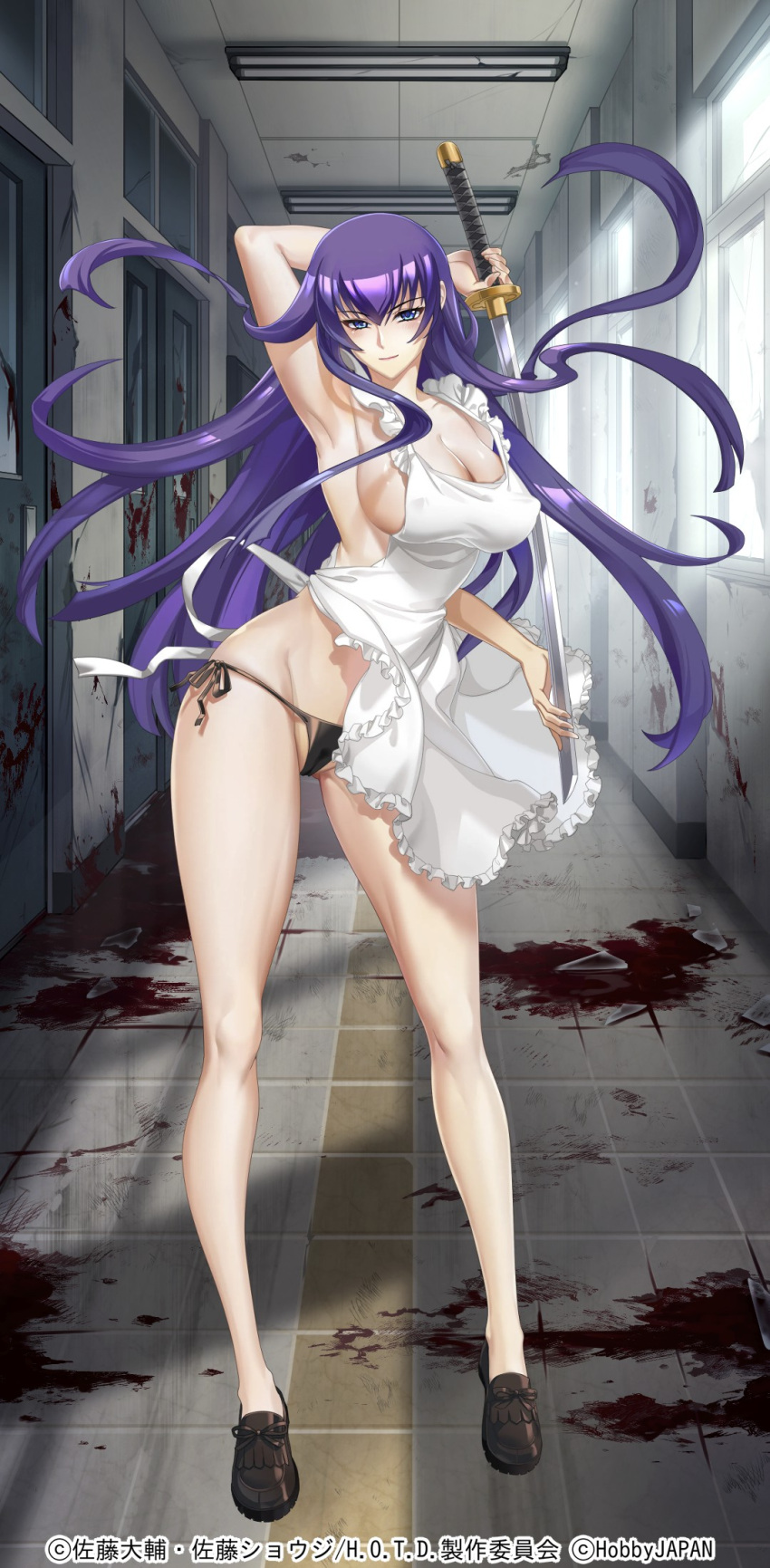 1girl apron armpits bare_back bare_legs bare_shoulders black_footwear black_panties blood blood_on_ground blood_on_wall blue_eyes blush breasts busujima_saeko cleavage closed_mouth copyright_notice covered_nipples day full_body hair_between_eyes highres highschool_of_the_dead holding holding_sword holding_weapon indoors lamp large_breasts legs long_hair long_legs looking_at_viewer official_art panties purple_hair queen's_blade queen's_blade_limit_break school shoes side-tie_panties sideboob sleeveless solo standing straight_hair sunlight sword thighs underwear very_long_hair weapon white_apron window