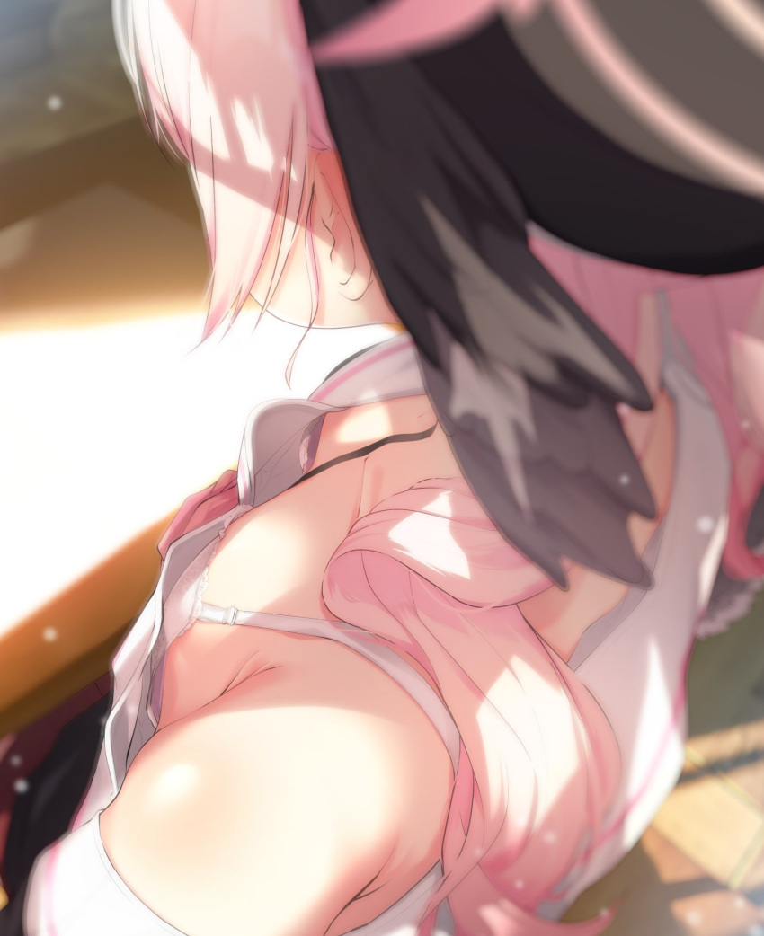 1girl beret black_straps blue_archive blurry blurry_foreground bra breasts collarbone commentary_request desk downblouse from_above halo hat hato_haru head_wings highres koharu_(blue_archive) medium_hair pov revision school_desk school_uniform single_strap small_breasts solo strap twintails underwear upper_body wings