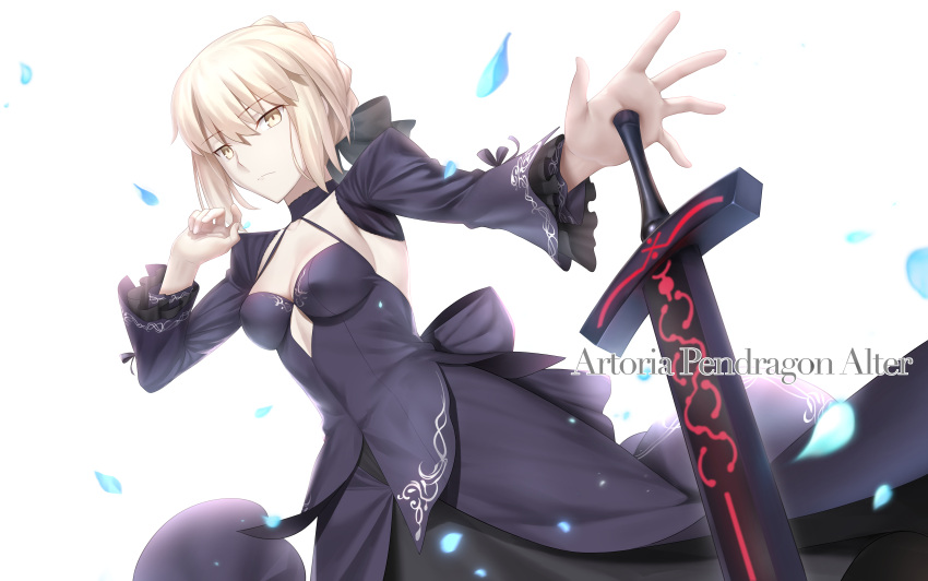 1girl absurdres artoria_pendragon_(fate) bangs besmiled black_dress blonde_hair breasts brown_eyes character_name closed_mouth commission dress excalibur_morgan_(fate) fate/grand_order fate_(series) hair_between_eyes highres long_sleeves medium_breasts petals pixiv_commission saber_alter sidelocks simple_background solo white_background