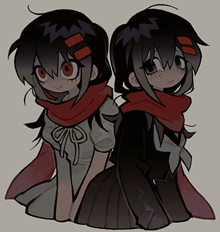 2girls black_hair black_serafuku brown_eyes enpera eyelashes frown hair_between_eyes hair_ornament hairclip highres kagerou_project long_hair long_sleeves looking_at_viewer multiple_girls neckerchief pleated_skirt red_eyes red_scarf ribbon scarf school_uniform serafuku short_sleeves simple_background skirt smile tateyama_ayano teardrop tonkatsu184 white_neckerchief white_ribbon