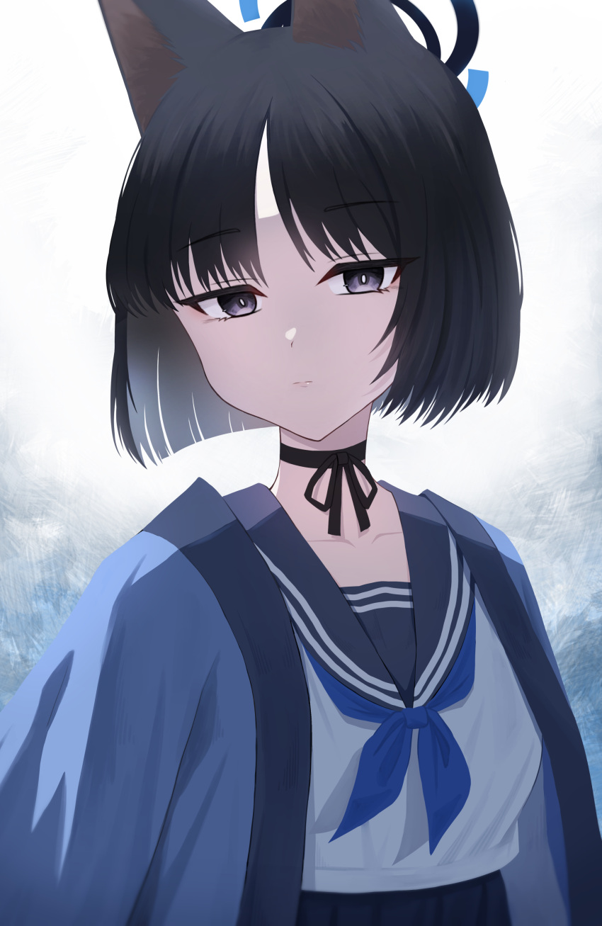 1girl absurdres animal_ears black_eyes black_hair black_nails black_sailor_collar blue_archive blue_neckerchief blue_skirt bob_cut cat_ears cat_girl cat_tail fingernails haori highres japanese_clothes kikyou_(blue_archive) long_sleeves looking_at_viewer multiple_tails nail_polish neckerchief pleated_skirt sailor_collar school_uniform serafuku short_hair skirt solo tail yamggu