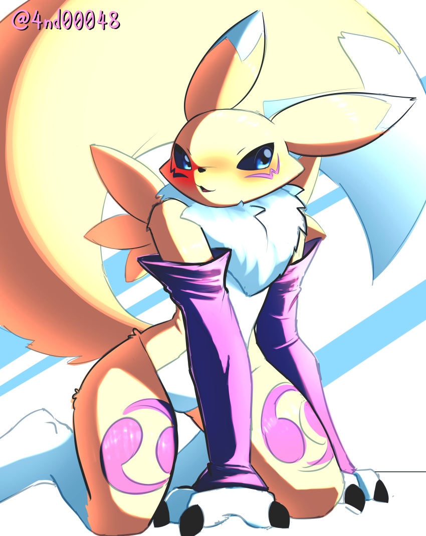 absurd_res ando bandai_namco belly blue_eyes canid canine digimon digimon_(species) female fox fur hair hi_res male male/female mammal mane mane_hair renamon solo white_belly white_body white_fur yellow_body yellow_fur