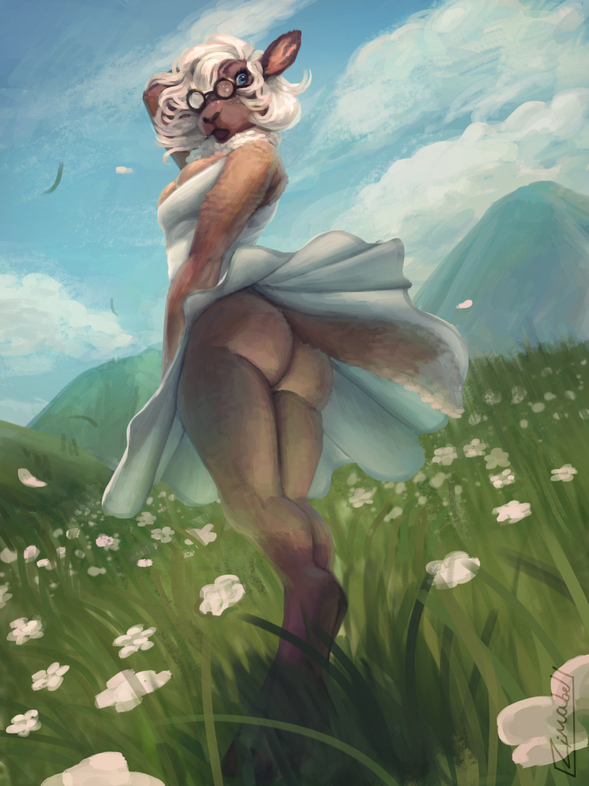 absurd_res anthro blue_eyes blue_sky bottomwear bovid breasts brown_body caprine cleavage cleavage_overflow clothed clothing cloud dress eyewear female field flower flower_field freckles fur glasses grass grassy_field hair hand_in_hair hi_res hill hooves looking_back mammal mountain open_mouth petals plant raised_bottomwear raised_clothing raised_skirt sheep short_hair skirt sky solo sundress surprised_expression touching_hair upskirt white_clothing white_dress white_freckles white_hair wind wool_(fur) zimabel