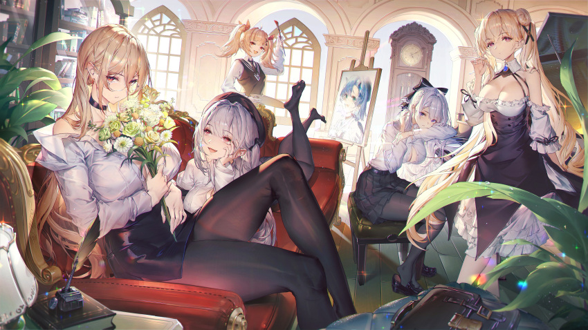 5girls absurdres argus_(a_hundred_sleepless_eye)_(azur_lane) argus_(azur_lane) azur_lane bouquet breasts character_request clock day easel gt-apex hat hero_(azur_lane) hero_(the_devil_wears_knee-highs)_(azur_lane) highres holding holding_bouquet implacable_(azur_lane) implacable_(shepherd_of_the_"lost")_(azur_lane) indoors large_breasts multiple_girls official_alternate_costume paintbrush painting_(object) pantyhose royal_oak_(azur_lane) royal_oak_(bashful_oak)_(azur_lane) scylla_(azur_lane) scylla_(femme_fatale_fresher)_(azur_lane) window