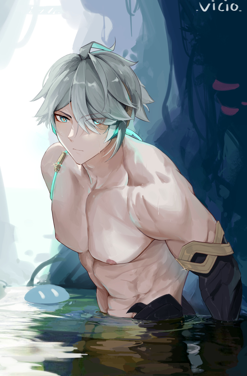 1boy 1girl absurdres alhaitham_(genshin_impact) artist_name chenmovicio chinese_commentary closed_mouth commentary_request genshin_impact green_eyes grey_hair hair_between_eyes hair_over_one_eye highres male_focus muscular muscular_male nipples partially_submerged short_hair solo toned toned_male topless_male upper_body